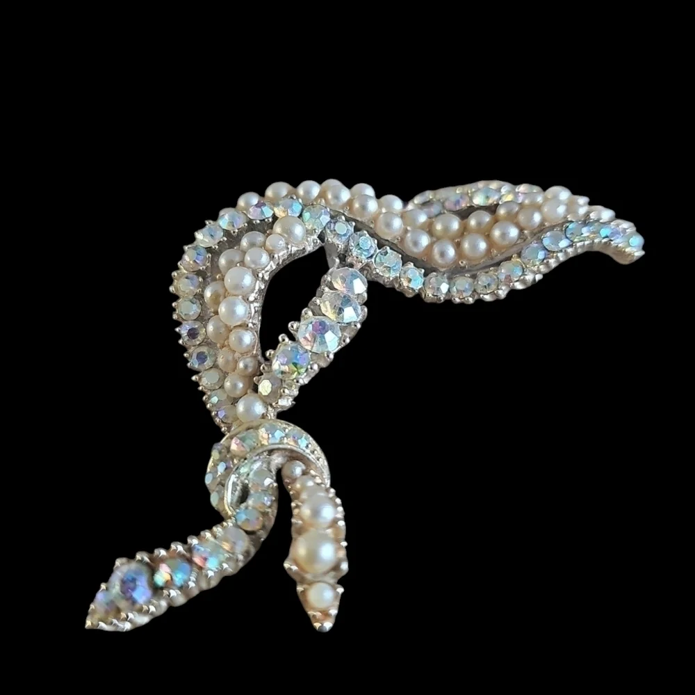 Rare Kramer NY Seed Pearl Parure with Clear AB Rhinestone Brooch
